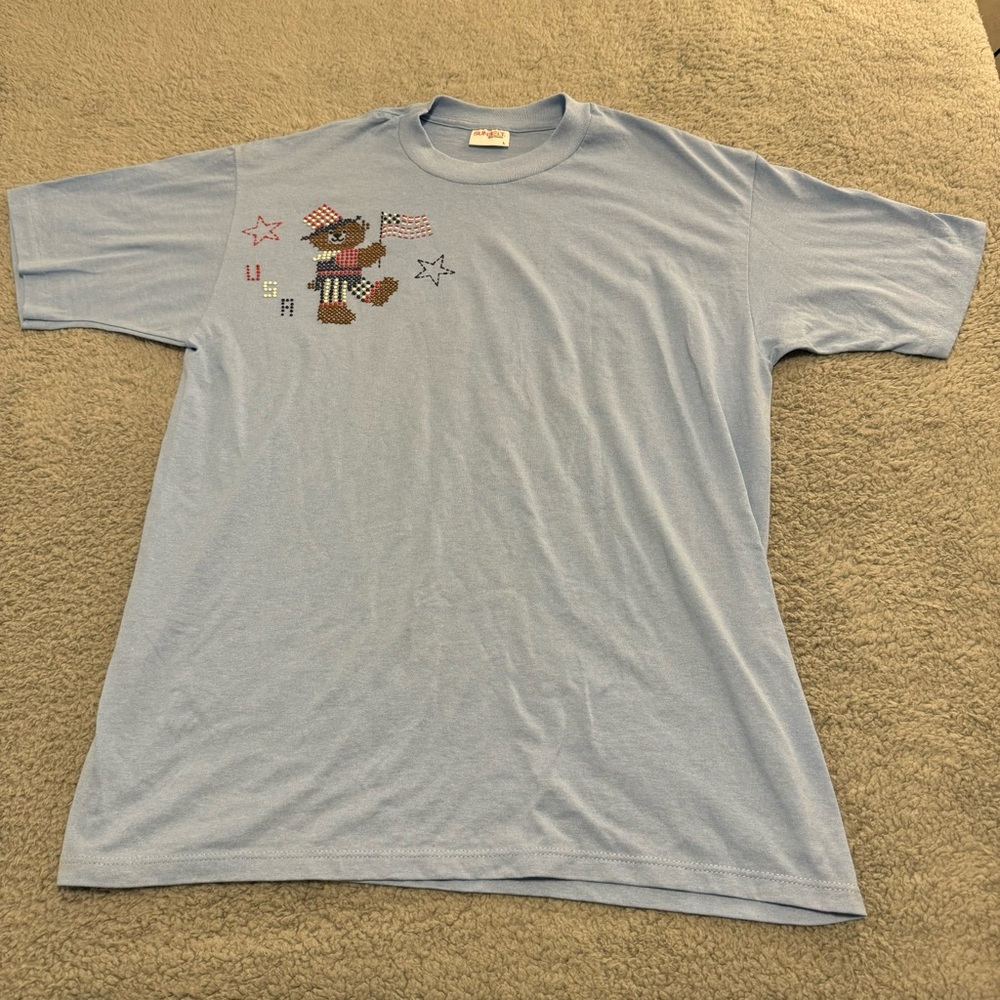 USA Bear Red White Blue Patriotic Vintage Shirt Sunbelt Made In USA Adult Lg‎